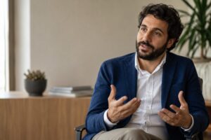 Professionista che mostra perché deve avere un sito web mentre un potenziale cliente lo cerca su Google da smartphone