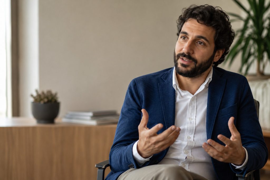Professionista che mostra perché deve avere un sito web mentre un potenziale cliente lo cerca su Google da smartphone