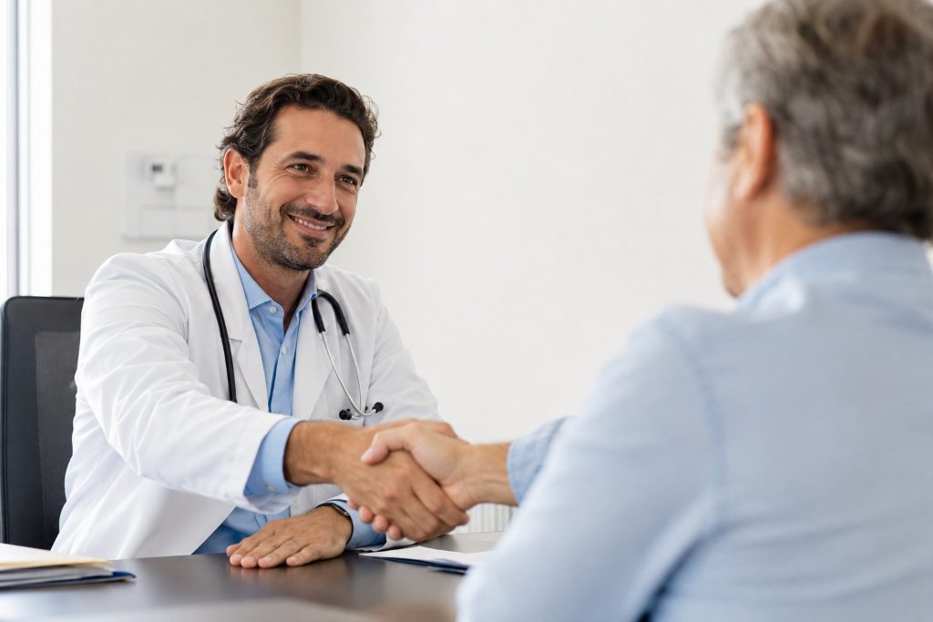 Medico che valuta la pubblicità sanitaria del proprio sito web per uno studio medico a norma
