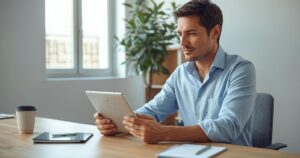 Professionista che analizza i risultati di sito web e social su un tablet: ecosistema digitale coerente